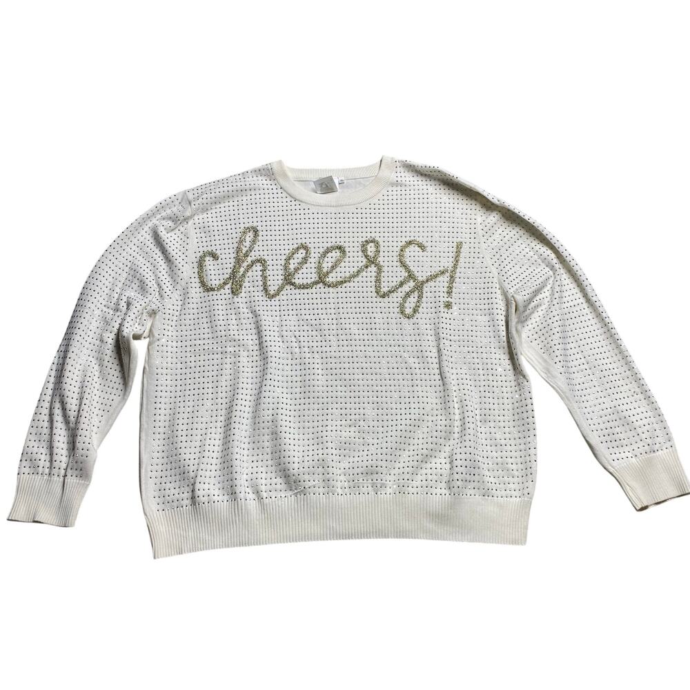 Queen Of Sparkles Cheers Tinsel White Gold Studded Holiday Sweater Size XL